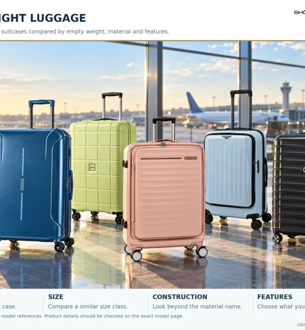 Five different medium suitcases in an airport setting for the SHONATI lightweight luggage guide