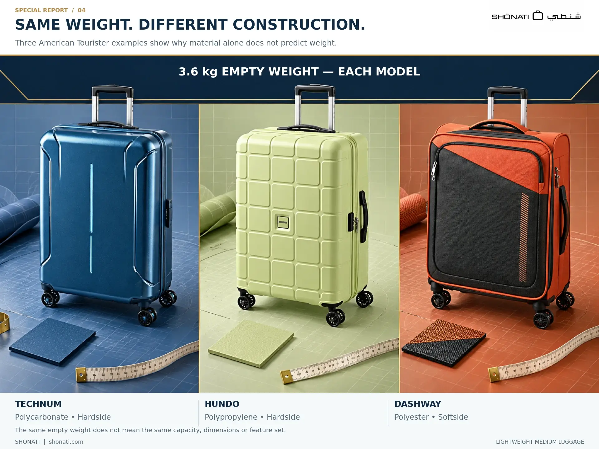 Technum Hundo and Dashway medium suitcases with the same 3.6 kg empty weight