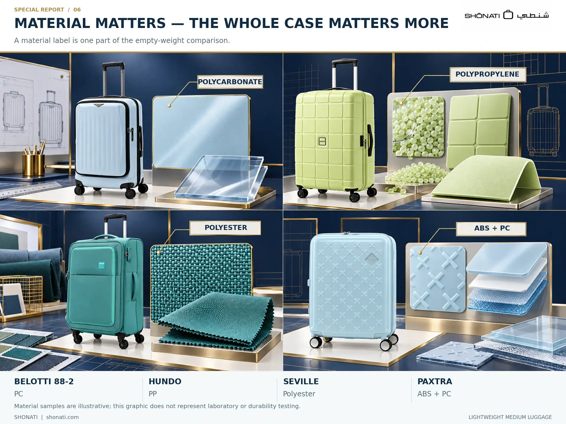 Polycarbonate polypropylene polyester and ABS plus PC luggage materials illustrated with model examples