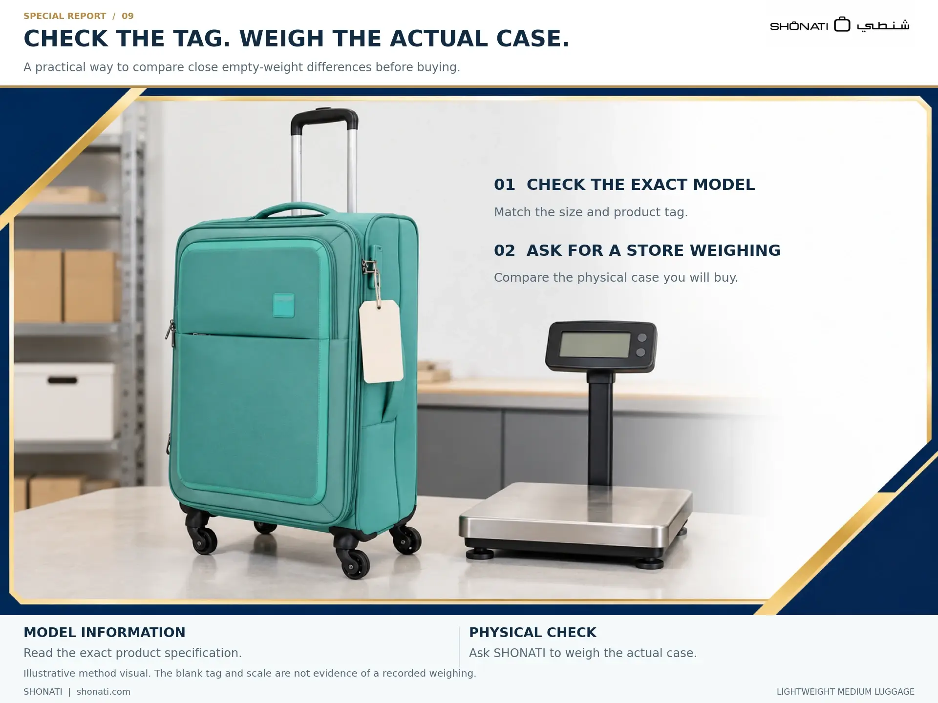 Illustration of a suitcase beside a blank tag and scale explaining in-store weight checking