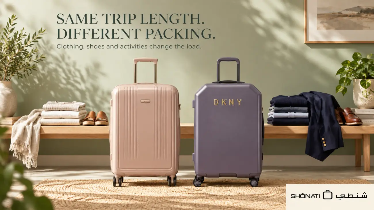 Pink Calvin Klein Sustain and purple DKNY Allure suitcases beside light clothing, heavier layers and different shoes.