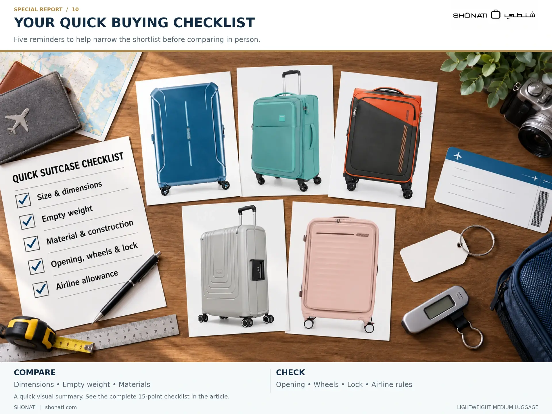 Quick suitcase buying checklist beside five different medium suitcase model examples