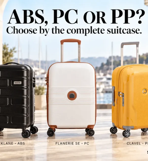 Black Bricklane ABS, champagne Flanerie SE PC and yellow Clavel PP suitcases on a sunlit coastal terrace