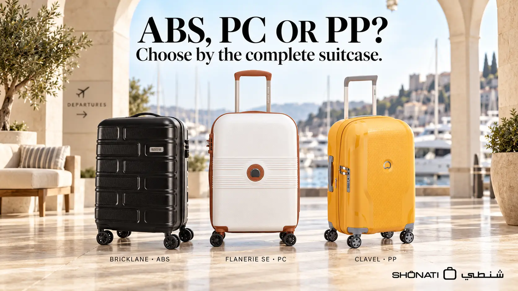 Black Bricklane ABS, champagne Flanerie SE PC and yellow Clavel PP suitcases on a sunlit coastal terrace