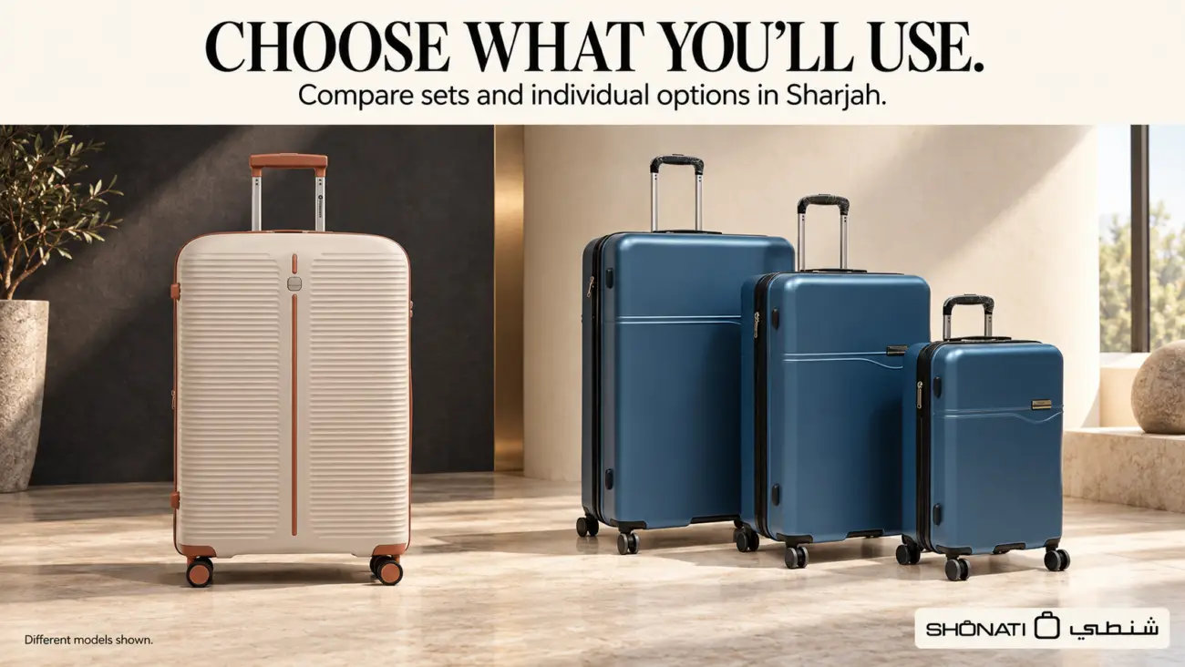 A beige PRESIDENT 97980 suitcase on the left beside a three-piece Calvin Klein Grace set in Indian Teal on the right.