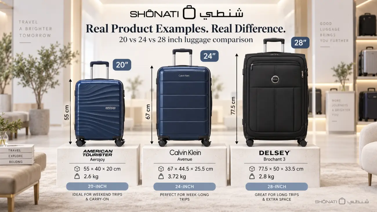 Real product comparison of 20 24 and 28 inch luggage with dimensions at SHONATI