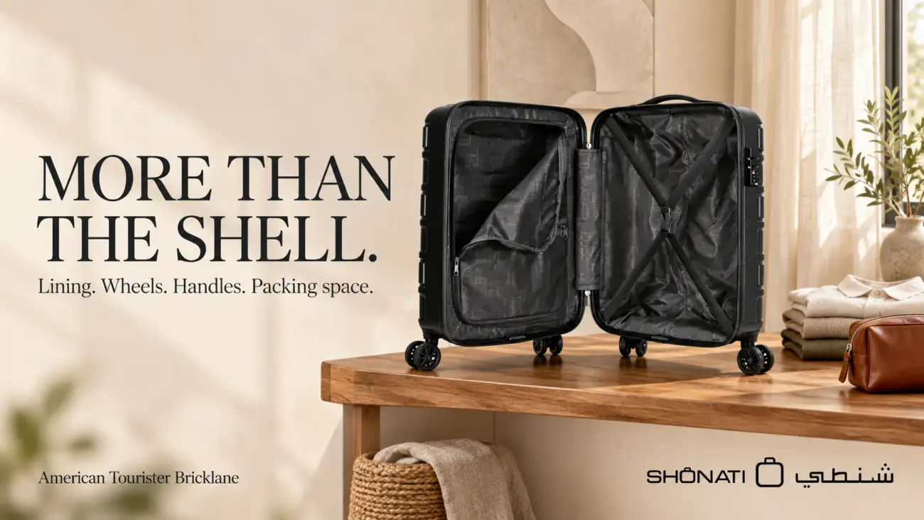 Open black American Tourister Bricklane suitcase with lining, mesh divider and crossed packing straps on a wooden bench