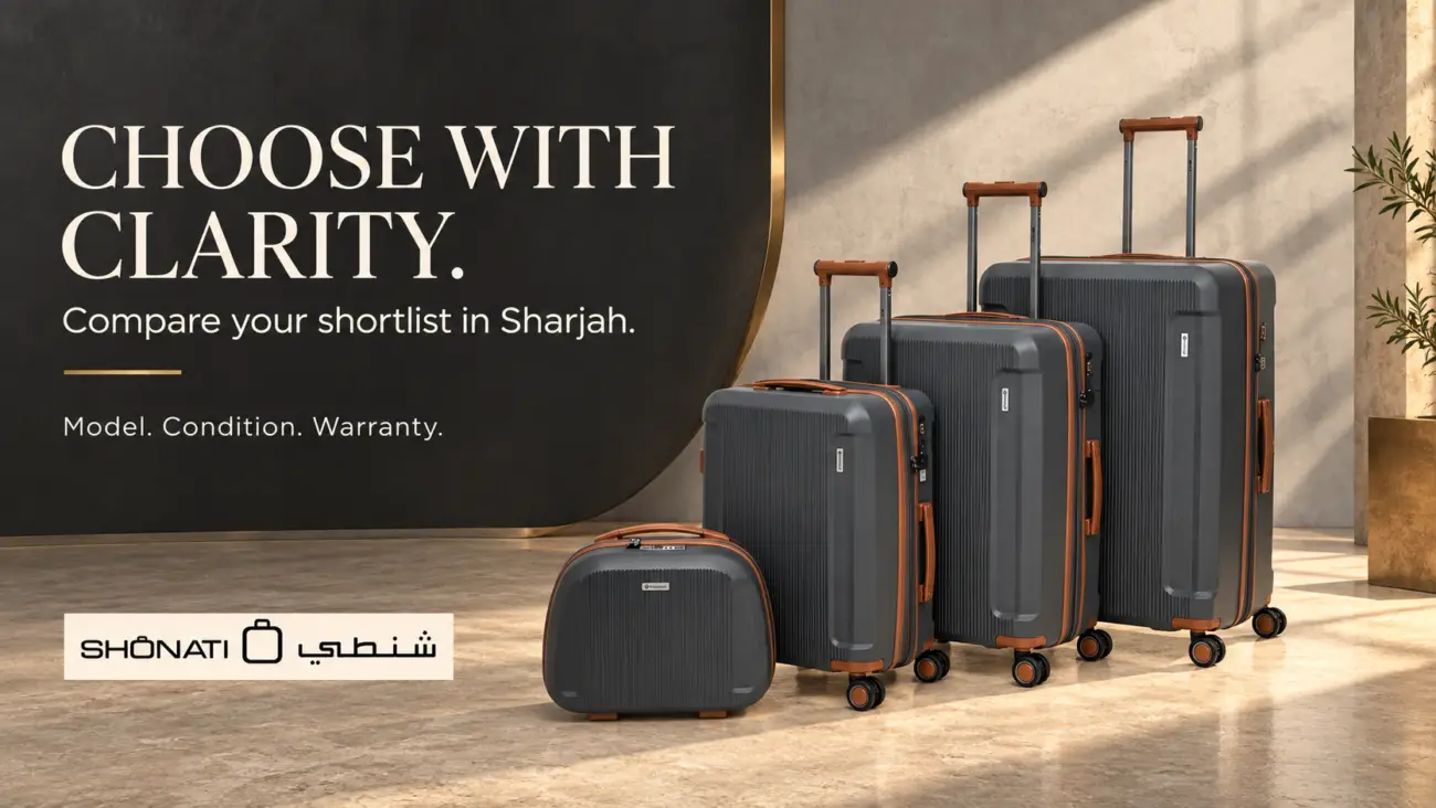 Three grey PRESIDENT 4224 wheeled suitcases and a matching beauty case with cognac trim in a styled display.