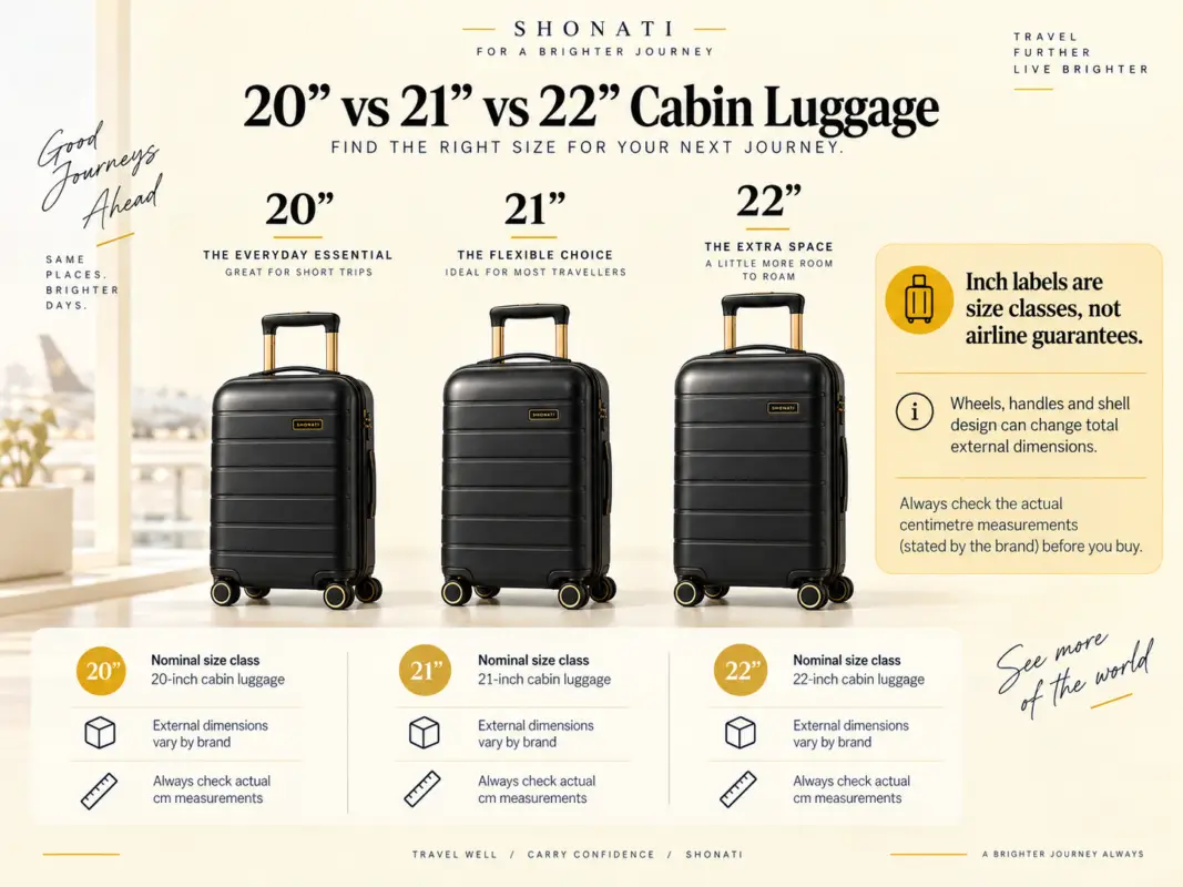20 inch vs 21 inch vs 22 inch cabin luggage size comparison