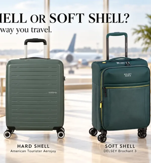 American Tourister Aerojoy hard-shell and DELSEY Brochant 3 soft-shell suitcases in an airport-style setting