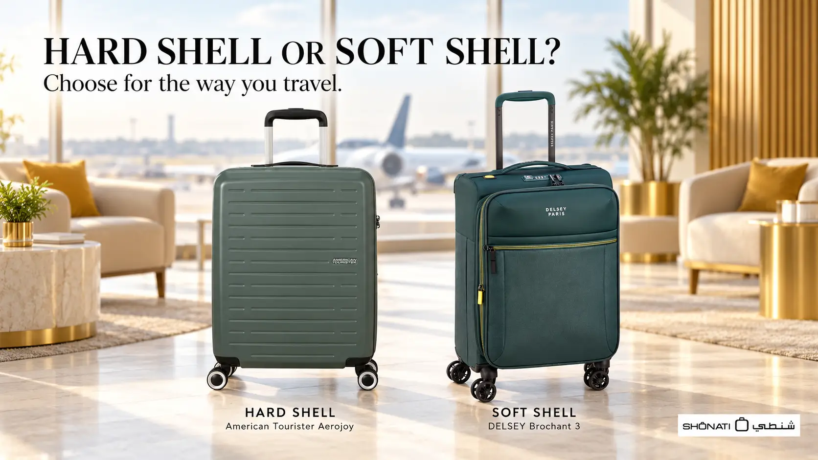 American Tourister Aerojoy hard-shell and DELSEY Brochant 3 soft-shell suitcases in an airport-style setting