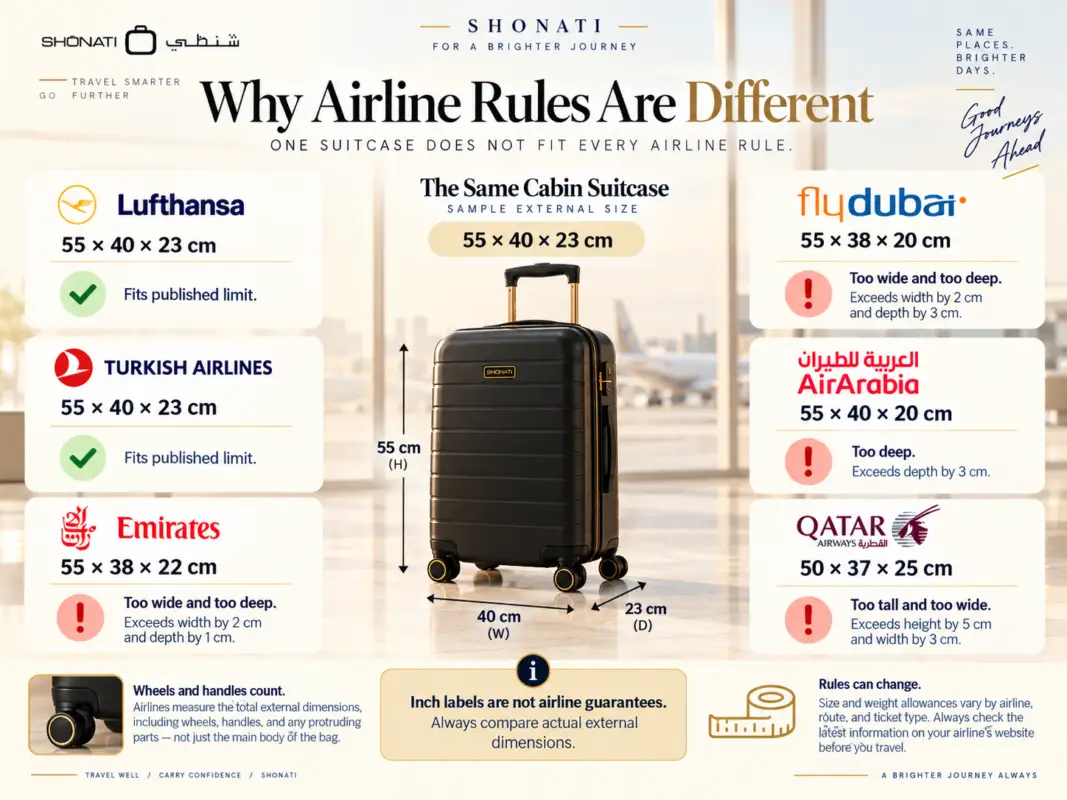 Why the same cabin suitcase may fit some airline baggage limits but not others