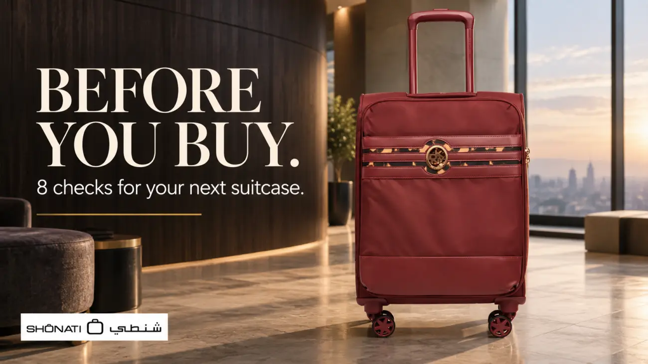 Suitcase buying checklist cover with a wine DKNY Cameo suitcase and the heading “Before you buy”.