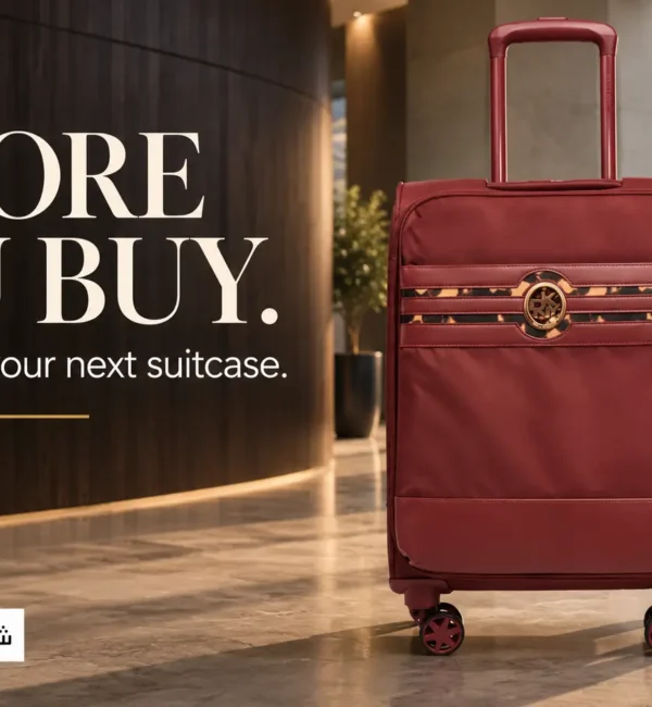 Suitcase buying checklist cover with a wine DKNY Cameo suitcase and the heading “Before you buy”.