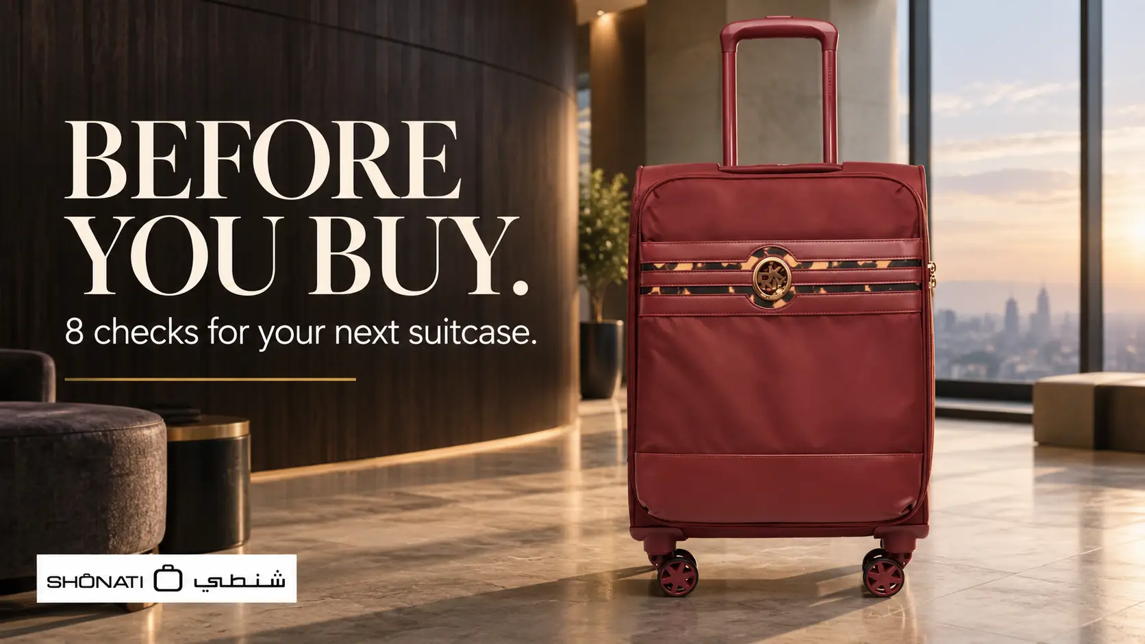 Suitcase buying checklist cover with a wine DKNY Cameo suitcase and the heading “Before you buy”.