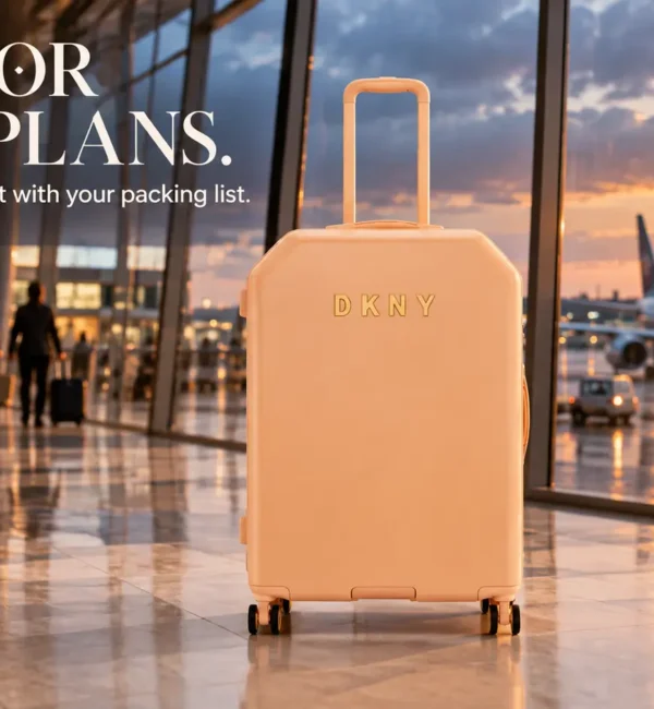 Apricot DKNY Allure suitcase beside airport windows at sunset.