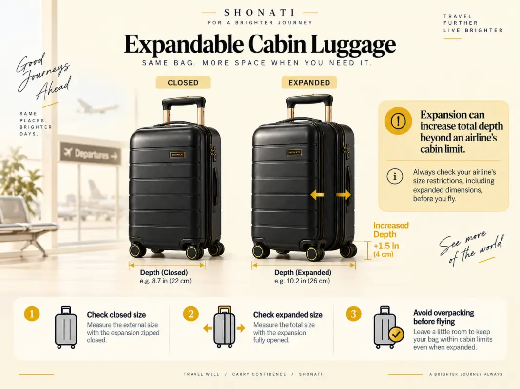 Expandable cabin luggage closed vs expanded size comparison