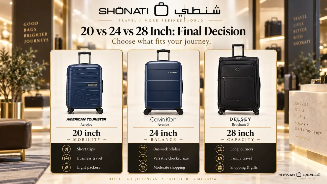 Final decision guide for 20 24 and 28 inch luggage showing mobility balance and capacity