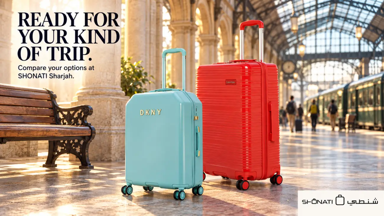 Seafoam DKNY Allure and red Calvin Klein Globetrotter suitcases in a sunlit railway station scene.