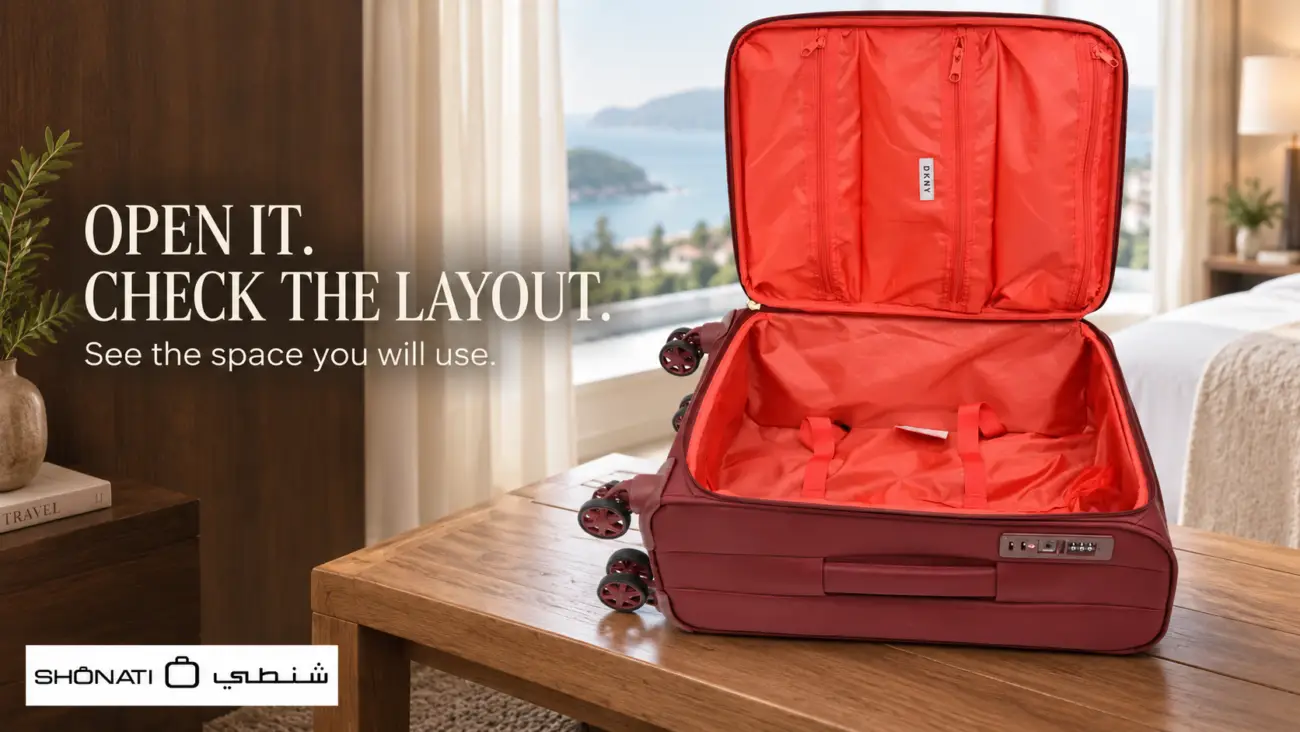 Open wine DKNY Cameo suitcase with coral lining, packing straps and zipped lid pockets on a wooden bench.