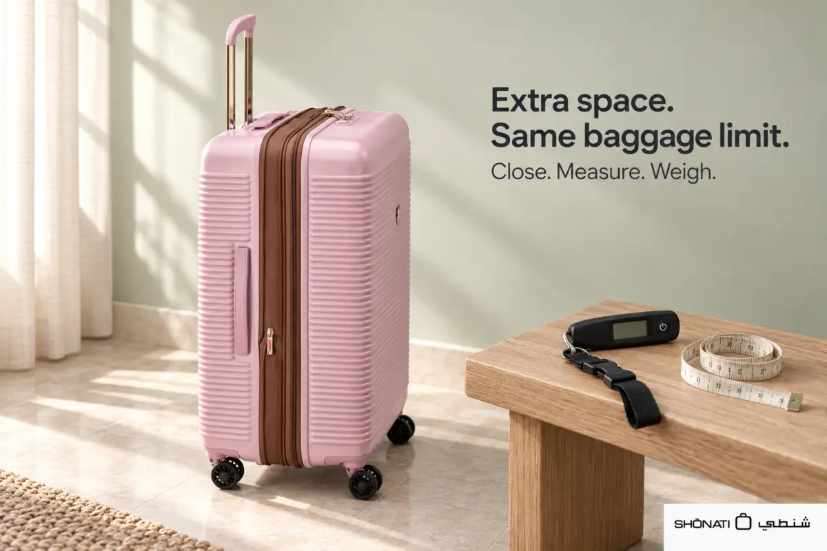 Pink DELSEY Freestyle suitcase beside a handheld luggage scale and coiled tape measure on a wooden table.