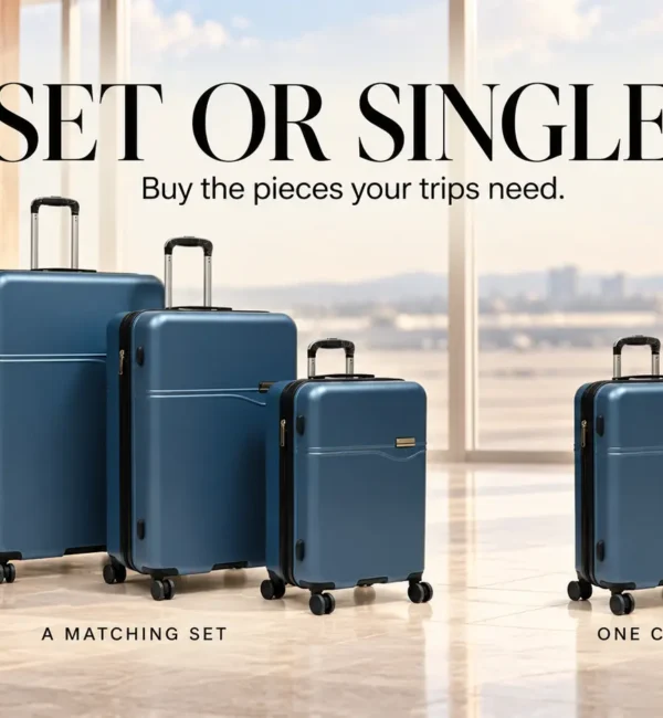 Calvin Klein Grace three-piece luggage set in Indian Teal beside one separate matching suitcase.