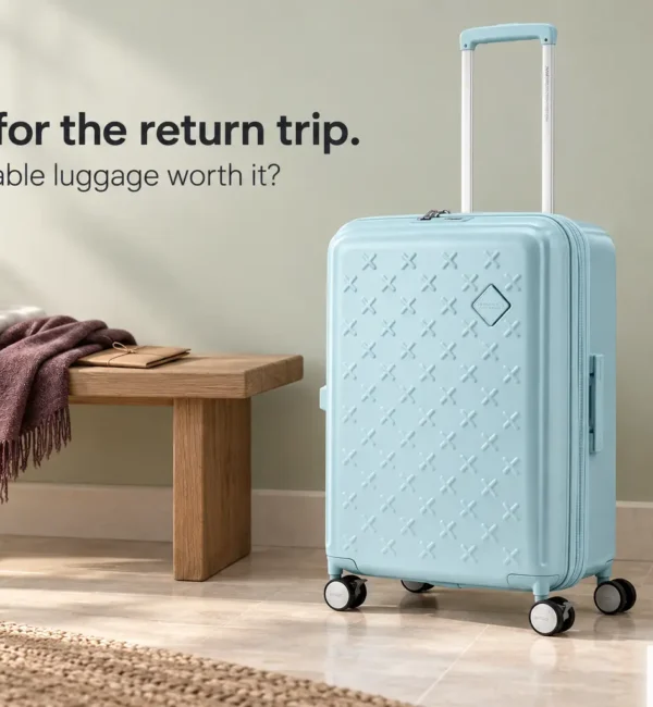 Light blue American Tourister Paxtra expandable suitcase beside a wooden bench with folded clothes.