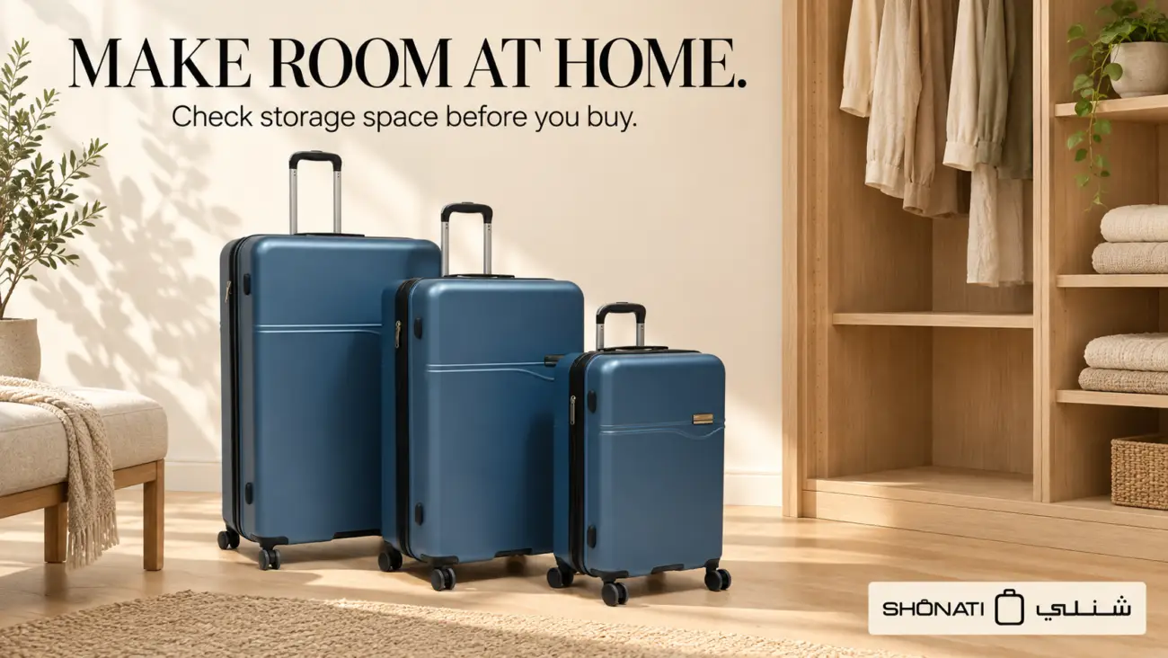 Three closed Calvin Klein Grace suitcases in Indian Teal standing beside an open wooden wardrobe.