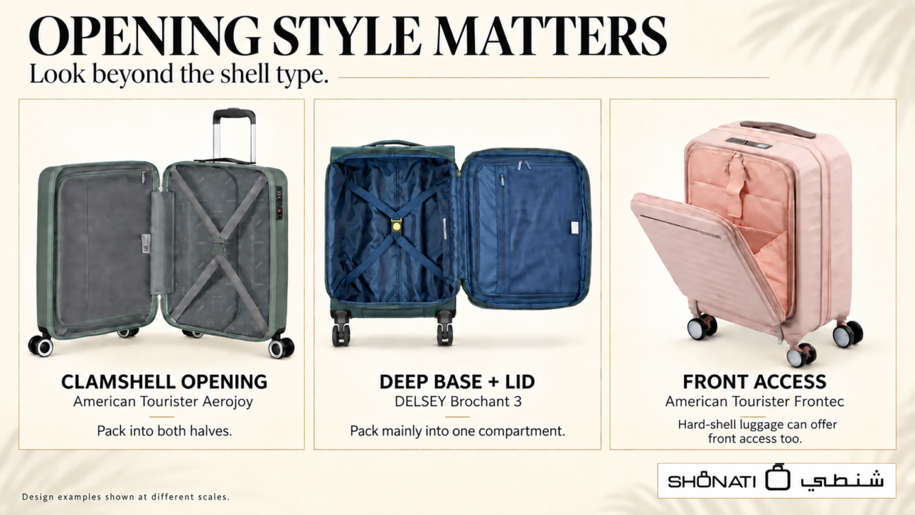 Open Aerojoy, Brochant 3 and Frontec suitcases showing two-half, deep-base and front-access luggage designs