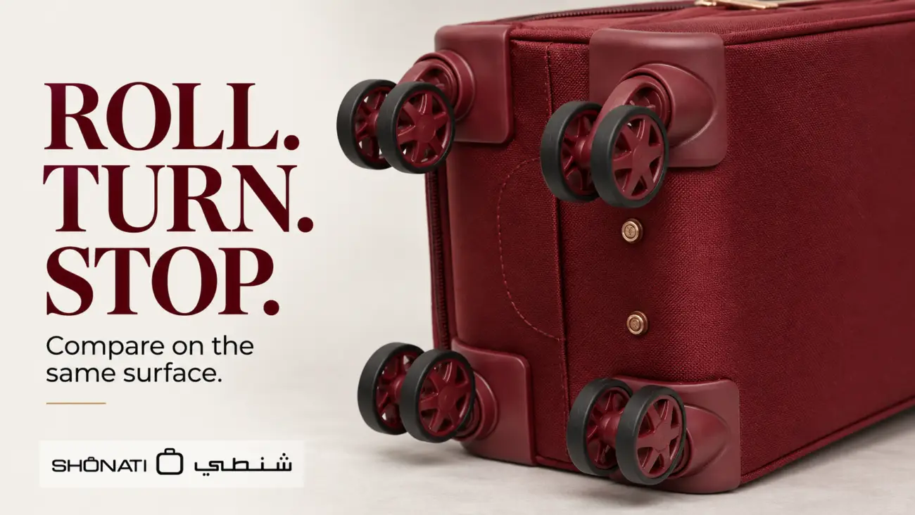 Close-up of the burgundy double spinner wheels and wheel housings on a DKNY Cameo suitcase.