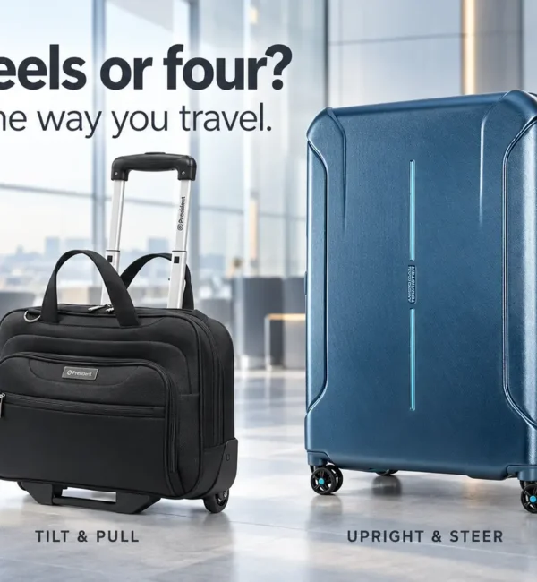 2 wheel vs 4 wheel luggage: a black rolling laptop case beside a blue spinner suitcase.