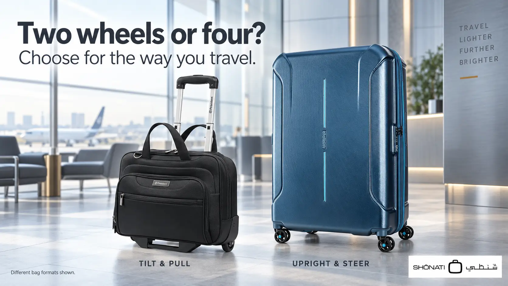 2 wheel vs 4 wheel luggage: a black rolling laptop case beside a blue spinner suitcase.