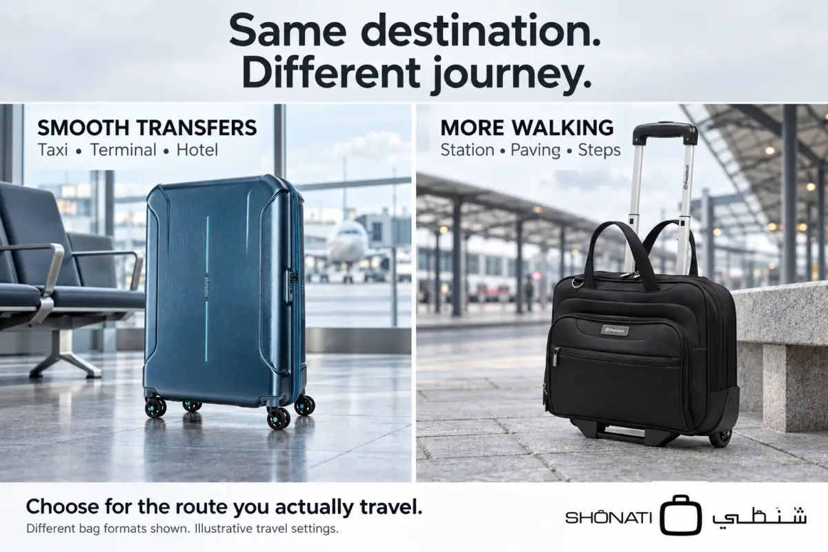Blue spinner in an airport terminal and black rolling laptop case on a paved station forecourt.