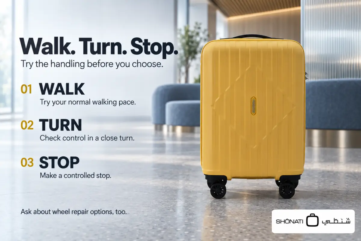 Yellow American Tourister Skytrac suitcase beside a checklist for walking, turning, stopping and asking about wheel repairs.