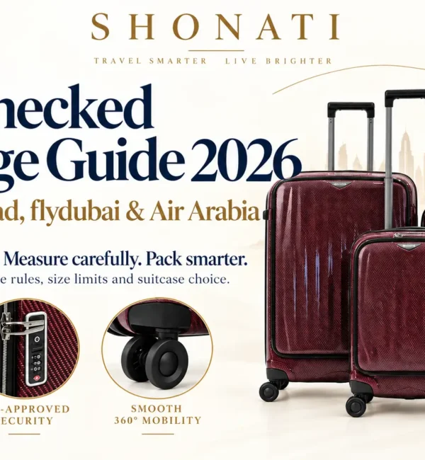 UAE checked baggage guide 2026 with maroon BELOTTI luggage at SHONATI