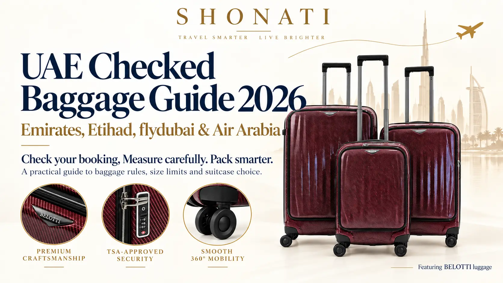 UAE checked baggage guide 2026 with maroon BELOTTI luggage at SHONATI