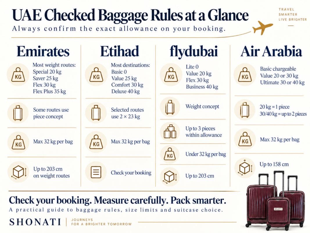 Checked baggage rules comparison for Emirates Etihad flydubai and Air Arabia