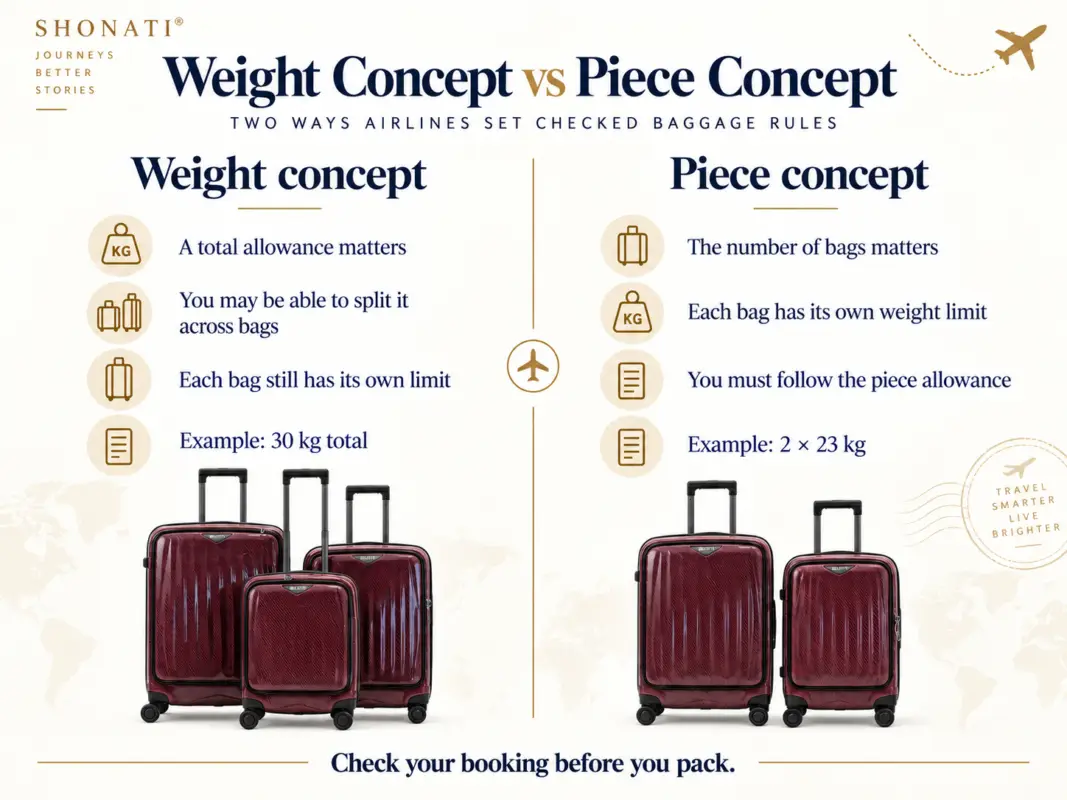 Weight concept versus piece concept for checked baggage explained with suitcases