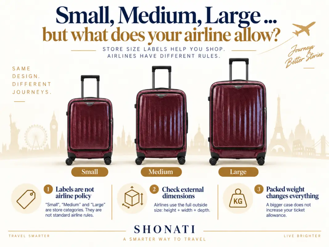 Three BELOTTI suitcases labelled Small, Medium and Large; airline allowances depend on external dimensions and packed weight