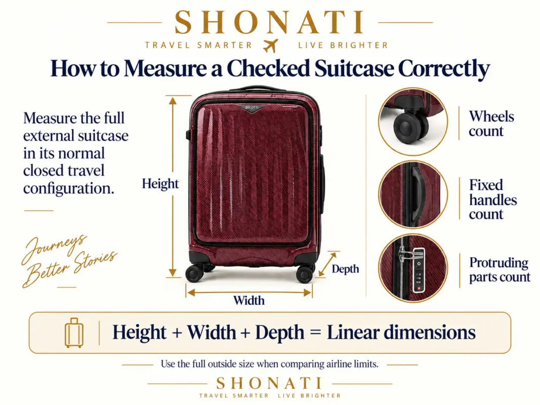How to measure the external height, width and depth of a BELOTTI suitcase including wheels, fixed handles and protruding parts