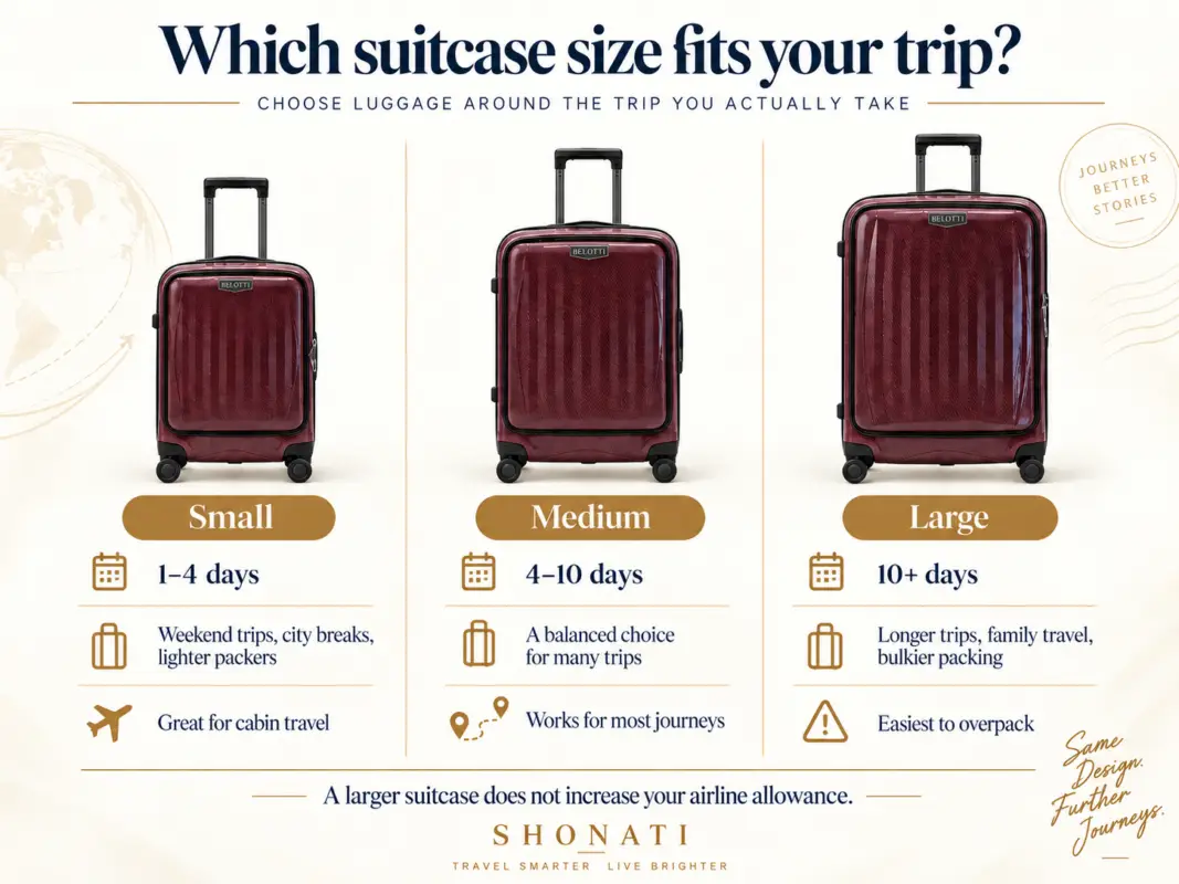 Small medium and large BELOTTI suitcases compared for different trip lengths