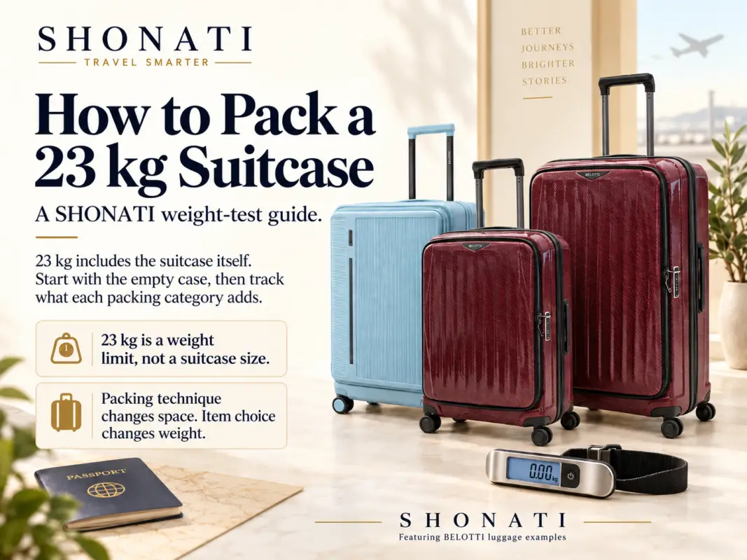 23 kg suitcase packing guide with BELOTTI luggage and a luggage scale at SHONATI