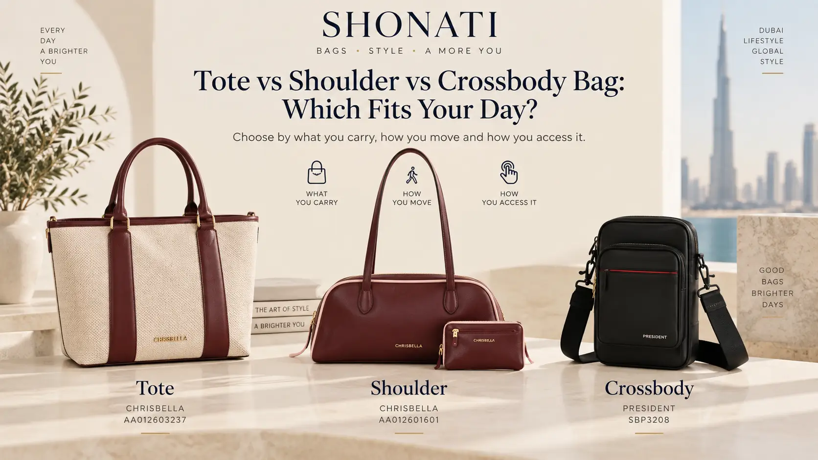 Tote shoulder and crossbody bags compared for everyday use at SHONATI