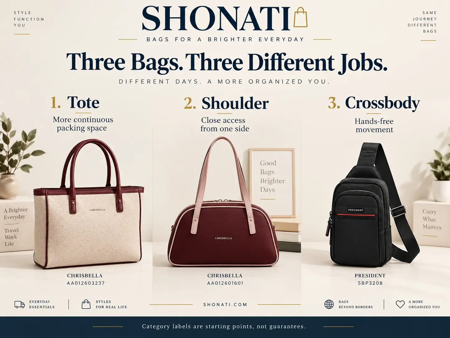 Tote shoulder and crossbody bags compared by packing space access and hands-free movement