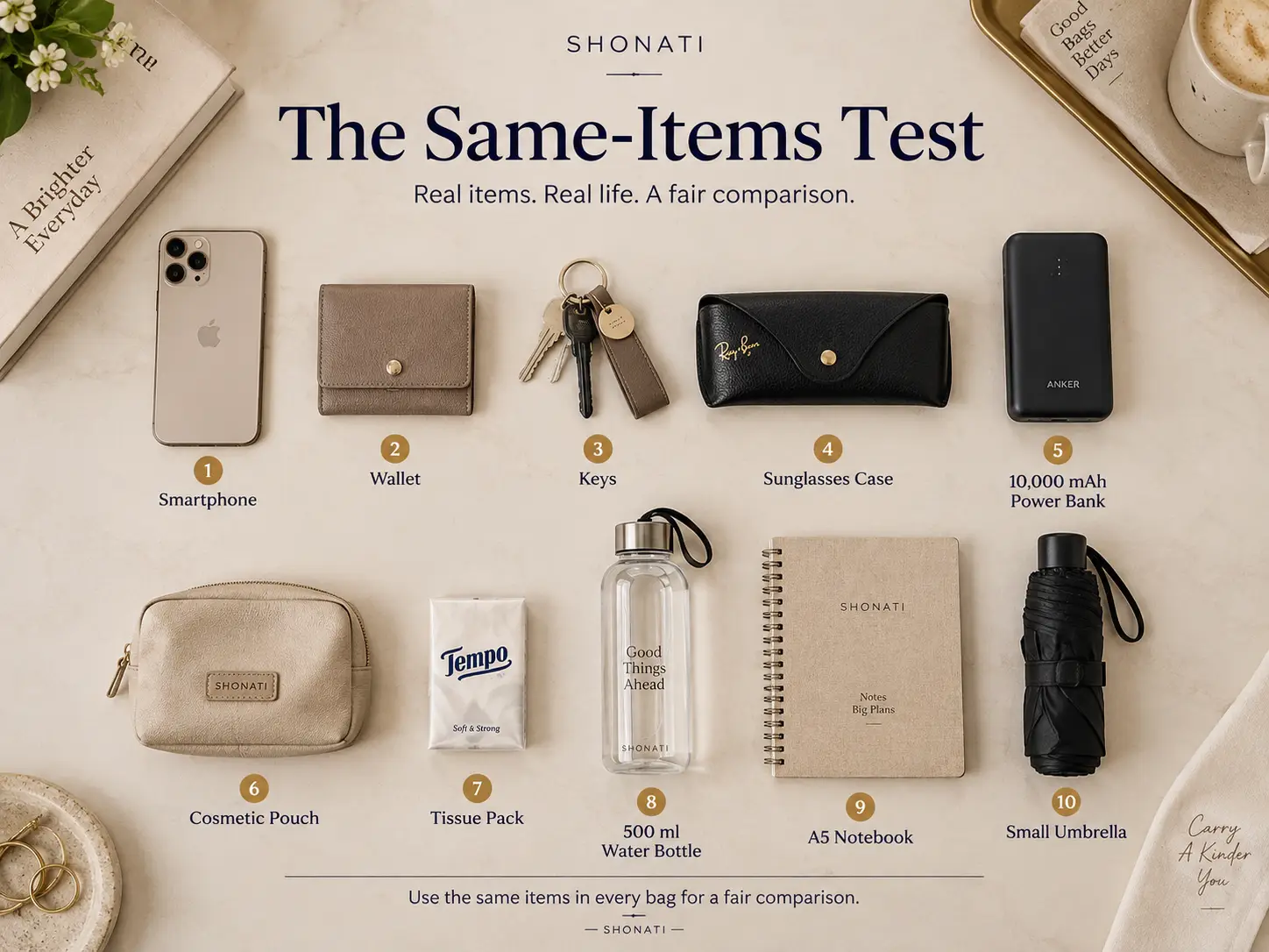 Everyday items prepared for a fair tote shoulder and crossbody bag comparison
