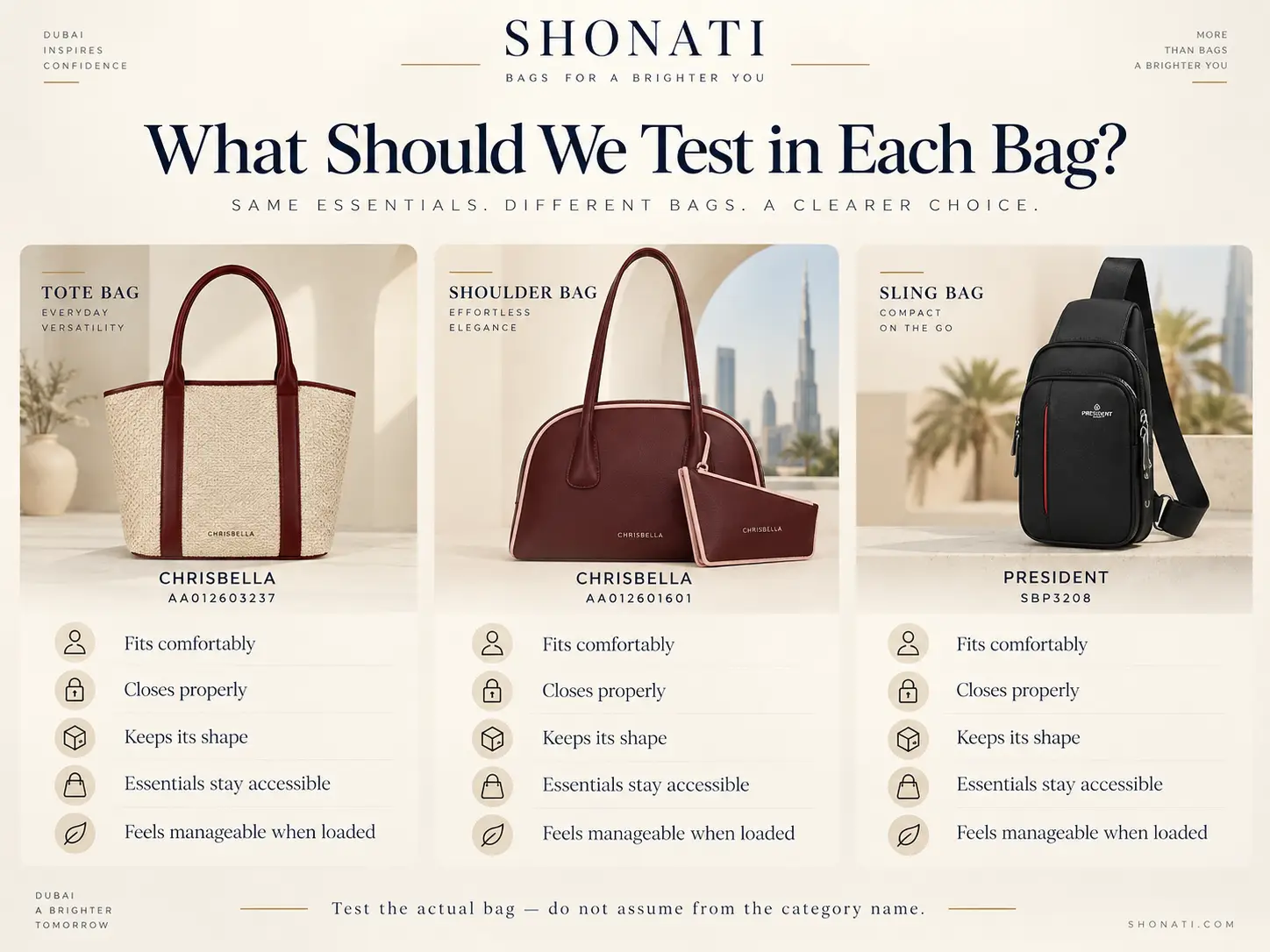 Checklist for testing tote shoulder and crossbody bags with the same everyday items