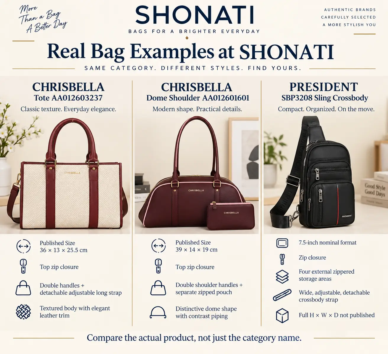 CHRISBELLA tote and shoulder bags with PRESIDENT crossbody bag compared at SHONATI