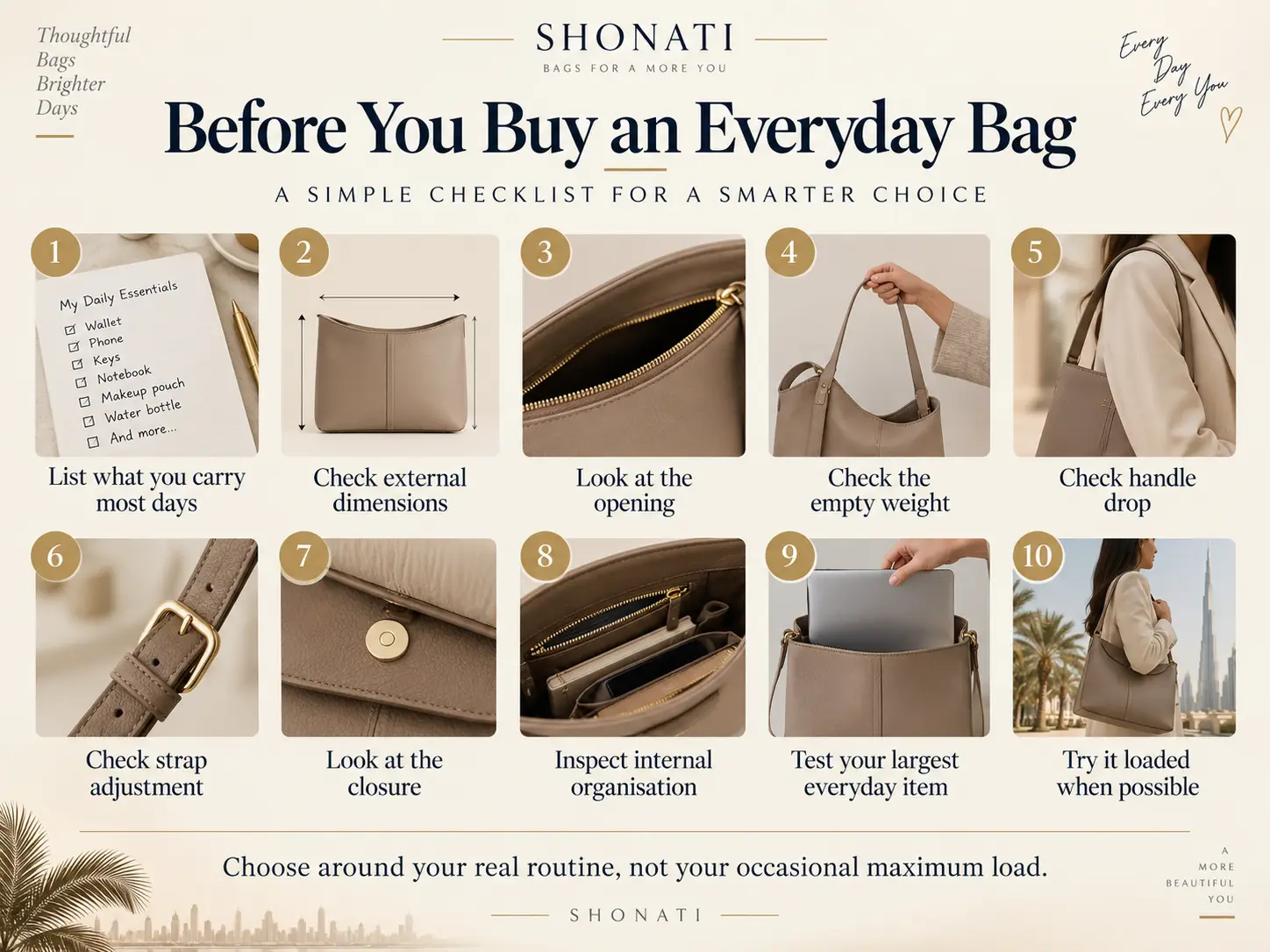 Ten things to check before buying an everyday handbag including size strap closure and fit