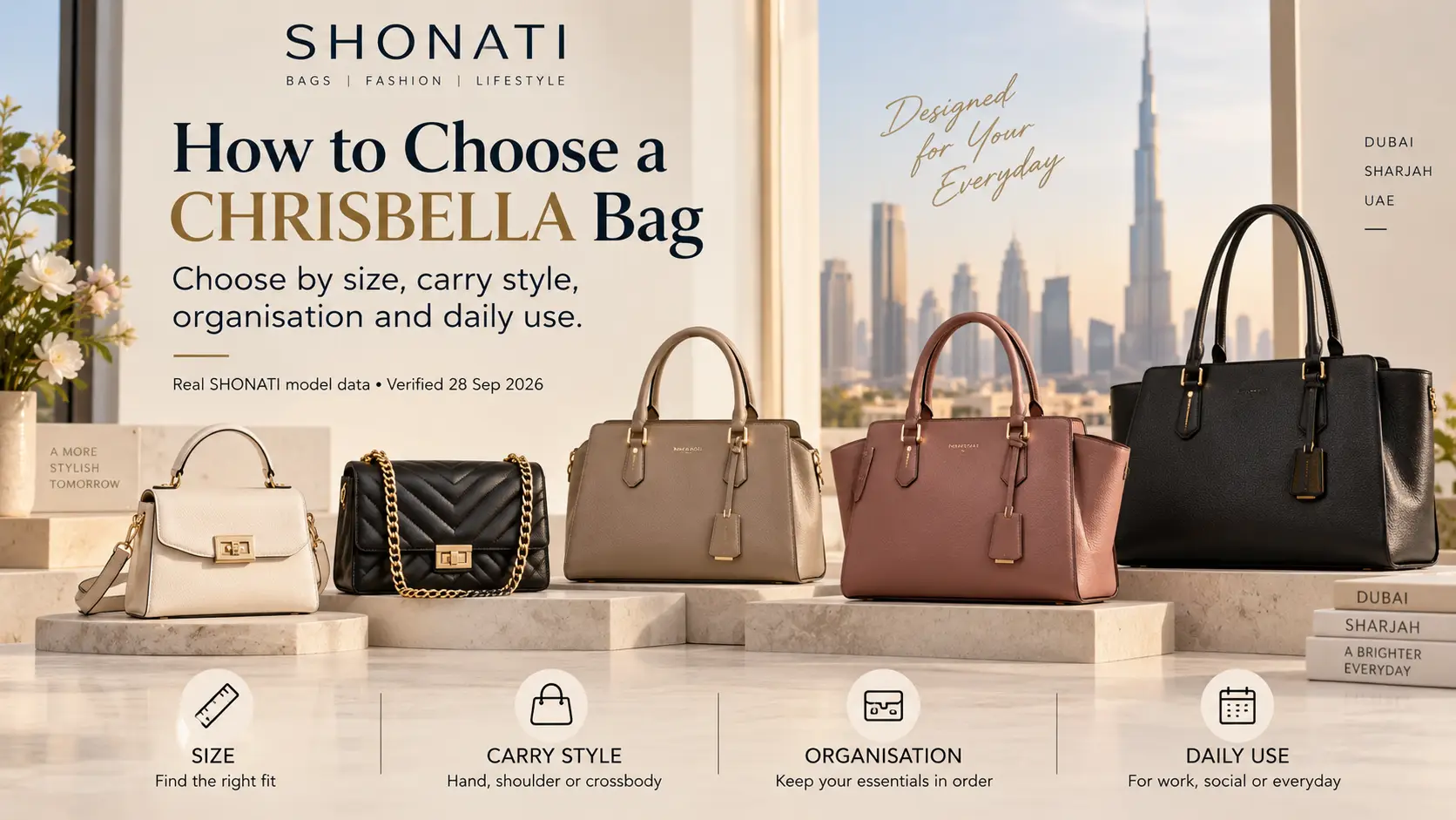 CHRISBELLA handbags in different sizes and carrying styles at SHONATI