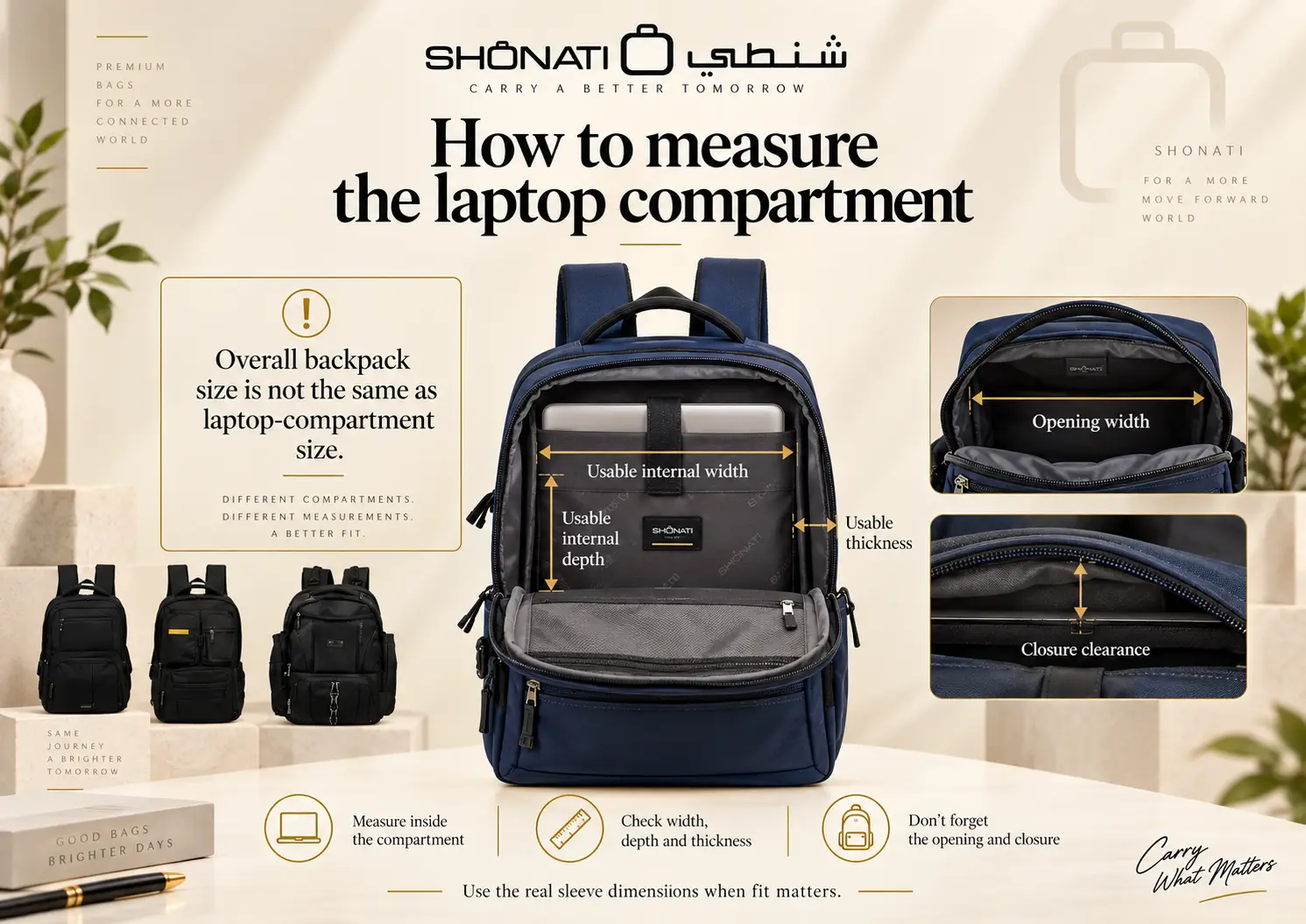 How to measure usable laptop compartment width depth thickness opening and closure clearance